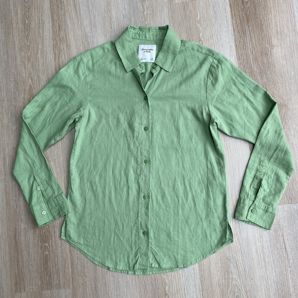 Abercrombie & Fitch Linen Blend Shirt XS Green Long Sleeve Button Up Sage Moss